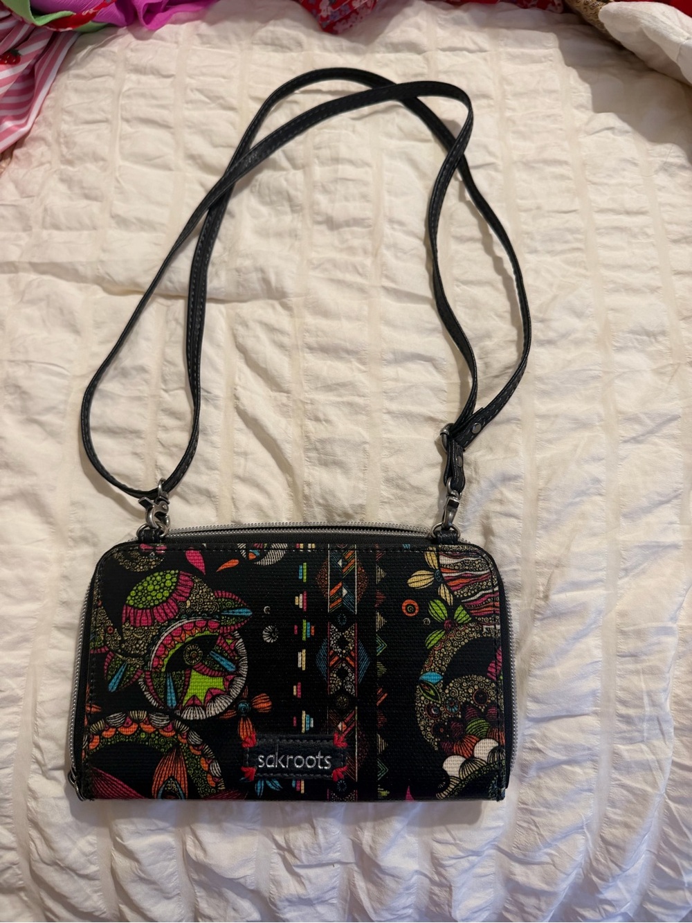 Sakroots Black Crossbody with Multicolor Floral and Geometric Print